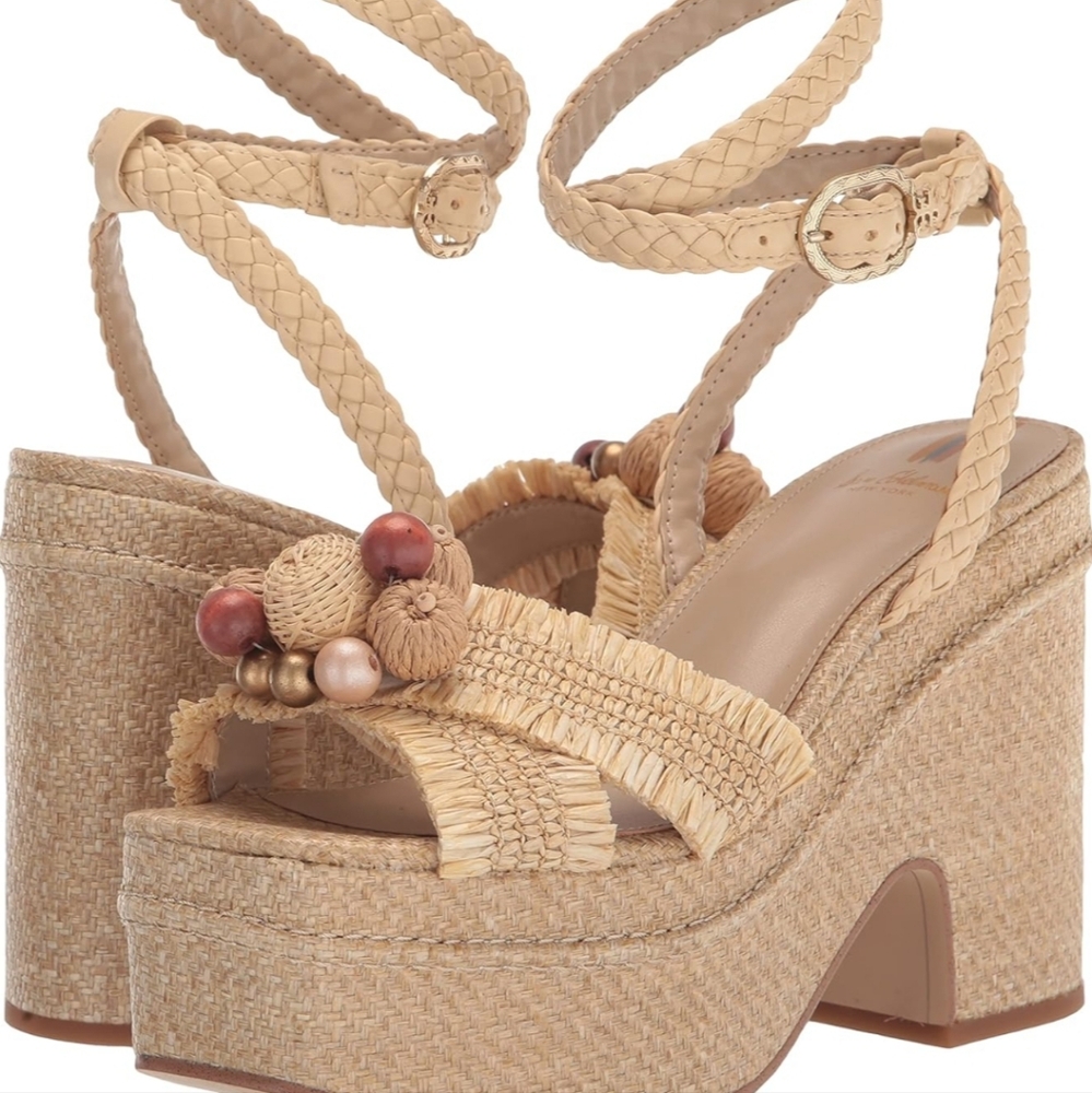 NEW SAM EDELMAN TATE EGGSHELL RAFFIA PLATFORM SANDALS SIZE 9.5 - Picture 1 of 15